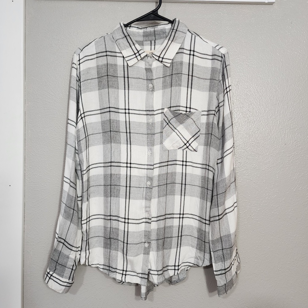 Thread Supply Top Women's Size Large Button Up Plaid Long Sleeve Gray and White‎